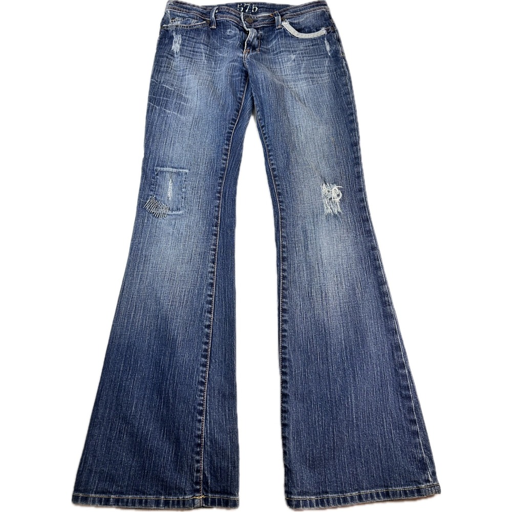 575 Denim Women 27 Flare Jeans Medium Wash Distressed Low Rise Made in LA Y2K